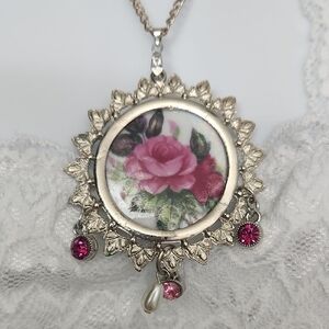 Elegant Silver and Pink Floralcut China Pendant Necklace